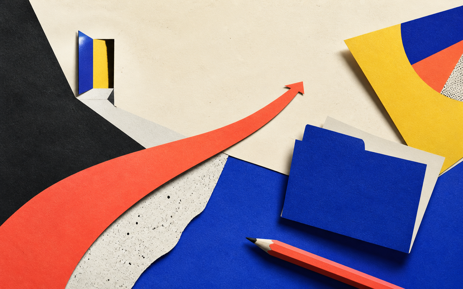 A bold paper collage showing an upward career path, folder and pencil